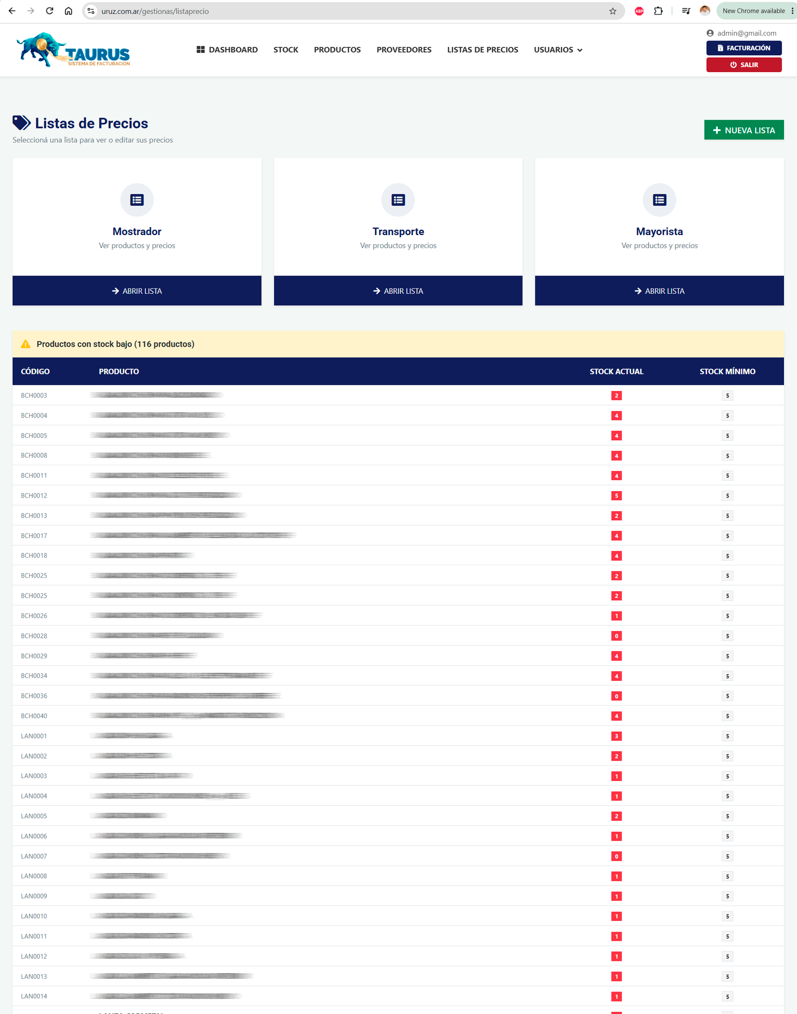 Listas de precios y alertas de stock bajo